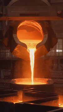 Molten hot iron pouring from a massive industrial ladle in a steel factory, cinematic 4K.