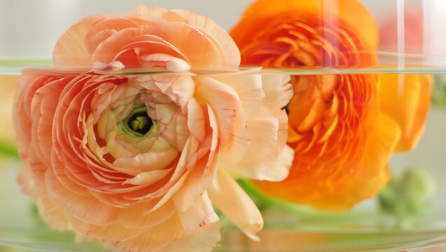 A stunning closeup of a peachcolored ranunculus flower partially submerged in clear water, its intricate petals unfurling, with a vibrant orange ranunculus visible behind it in a glass vase - Powered by Adobe