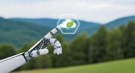 Robotic hand touching a cloud icon with a leaf, symbolizing environmental technology and sustainability in nature