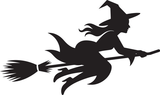 Flying witch on broomstick silhouette Halloween magic spooky isolated