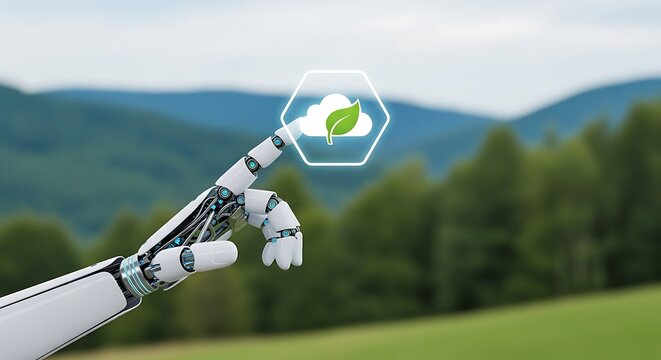 Robotic hand touching a cloud icon with a leaf, symbolizing environmental technology and sustainability in nature