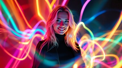 Bright colors illuminate a joyful woman standing against vibrant light trails at night in an artistic setting