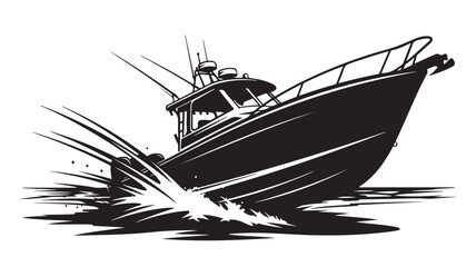 Dynamic black and white silhouette of a fishing boat speeding through the water, perfect for nautical designs and adventure themes, evoking feelings of freedom and power on the open sea