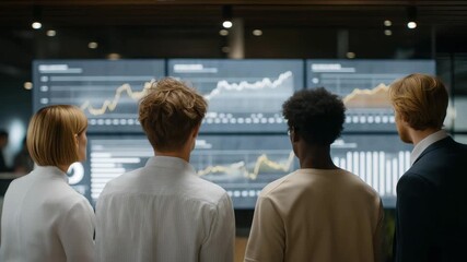 Wide-angle shot of team reviewing AI-generated e-commerce metrics on large interactive holographic screens, symbolizing collaborative digital marketing, modern retail analytics, and immersive - Powered by Adobe
