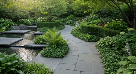 Serene garden path meandering beside a tranquil water feature surrounded by lush greenery