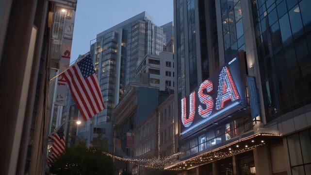 Wide-angle view of downtown streets with neon USA flag motifs reflected in building windows and street signs, highlighting city energy, national pride, and contemporary urban lifestyle imagery. - Powered by Adobe