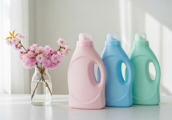 Three pastel colored laundry detergent bottles with a vase of pink flowers