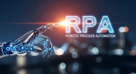 Robotic process automation rpa concept with futuristic robot hand touching glowing text and city skyline background