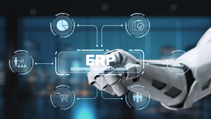 A robotic arm interacts with a digital interface representing enterprise resource planning, featuring charts, metrics, and data visualization for business analysis. Synapse