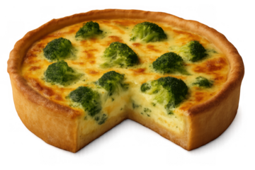 Quiche lorraine with broccoli and cheddar cheese, a savory baked pie slice missing, on transparent background