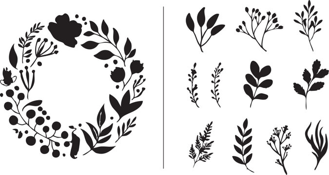 Floral vector pack: black and white botanical elements for design eps silhouette