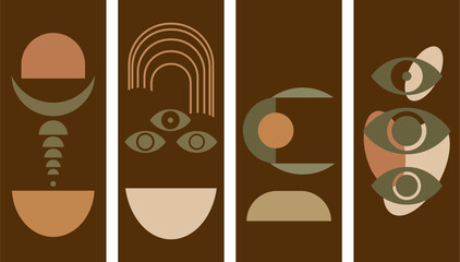 Boho Abstract Geometric Eyes and Shapes Mid Century Modern Wall Art