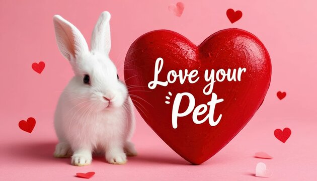 White rabbit sitting beside a large red heart with the phrase Love Your Pet, surrounded by small hearts on a pink background, conveying a message of love and affection for pets