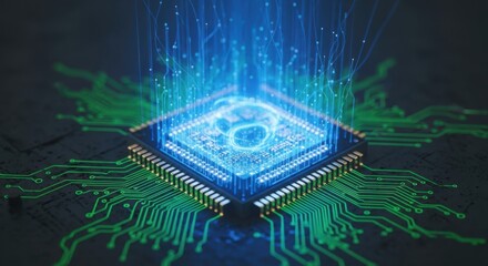 Futuristic microchip emitting bright blue energy and data streams on circuit board