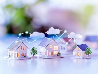 Miniature houses are connected by a digital network with cloud icons, representing smart home technology and connectivity.