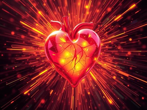 A glowing, energetic heart radiating warmth and happiness with a dynamic, abstract style,  happy,  warm - Powered by Adobe