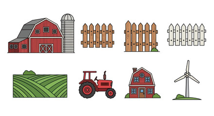 Cartoon farm elements collection with barn tractor and fences. © Jambu