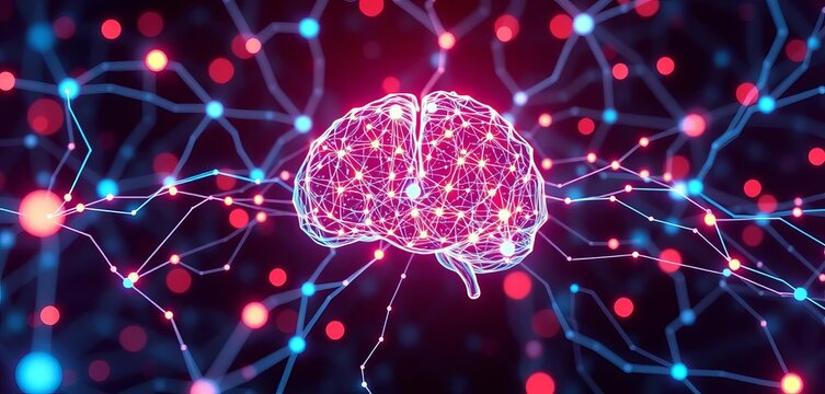 Abstract digital network glowing nodes and lines forming a brain,   network security,  virtual