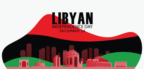 Libya Independence Day skyline with national landmarks illustrated in modern artistic style