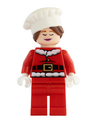 Naklejka premium Dortmund - Deutschland 13. November 2025 - Lego Figur glückliche Bäckerin im Nikolaus Kostüm - Studio Aufnahme