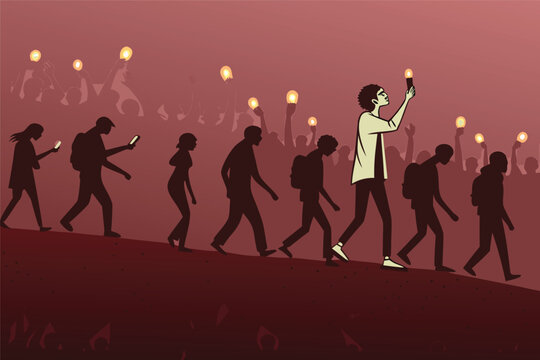 A hauntingly dystopian scene of a zombie-like crowd, faces illuminated by the eerie glow of their phones, shuffling through urban decay.