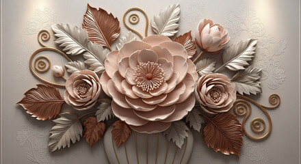 Elegant Rose-Gold Floral Vase 3D Relief Wallpaper Design, 3D Relief Mural, 3D Floral Wallpaper, 3D Wall Mural, 3D Floral Background, 3D Floral Art.