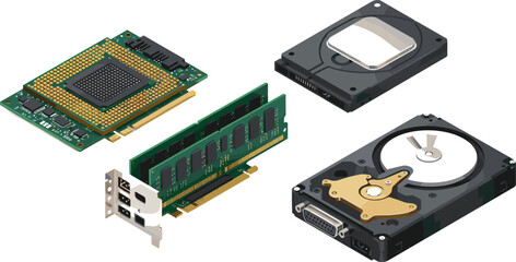 Isometric computer hardware illustration, CPU, RAM, HDD, motherboard, expansion card, tech components, 