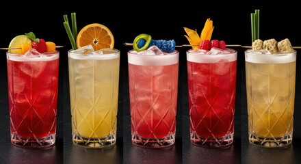 A row of five tall colorful cocktails garnished with fruit and herbs