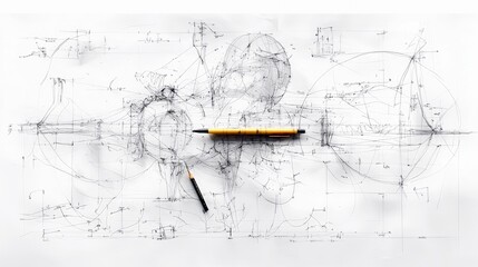A complex technical drawing with geometric shapes, lines, and annotations, with two pencils placed on the paper.