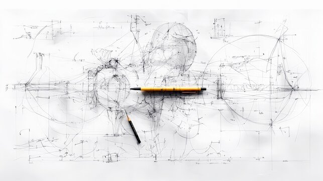 A complex technical drawing with geometric shapes, lines, and annotations, with two pencils placed on the paper.