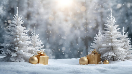 Snowy landscape with Christmas trees and luxury gold presents under falling snow.