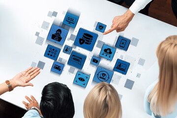 Data privacy and cyber security icons show encryption, data privacy safeguards, and cyber security defense. Data privacy ensures cyber security protection and access control. Entice