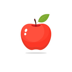 Red apple vector with glossy highlight and single leaf, isolated on white background with subtle shadow.