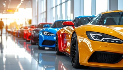 Colorful luxury sports cars lined up in a bright showroom, showcasing vibrant designs and polished automotive styling.