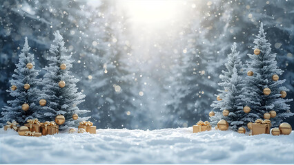 Elegant Christmas composition with snow, pine trees, and golden gift boxes in winter forest.