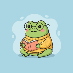 Cute cartoon frog wearing glasses and a yellow sweater, sitting and reading a book on a light blue background.