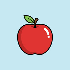 Simple cartoon illustration of a vibrant red apple with a green leaf and brown stem on a light blue background.