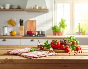 Fresh Ingredients on Rustic Wooden Table in Bright Kitchen Interior with Red Bell Peppers Tomatoes and Herbs Near Window