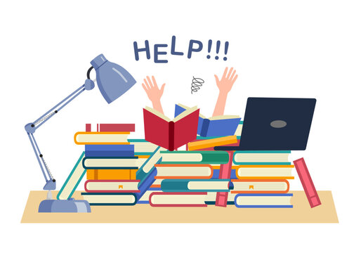 Hard exam preparation with textbooks pile. Scared male student in panic prepare school test. Exams stress hurry studying. Deadline knowledge education vector cartoon illustration
