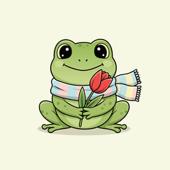 A cute cartoon frog with big eyes wearing a striped scarf and holding a single red tulip flower.