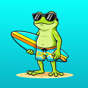 A cool cartoon frog wearing sunglasses and swim shorts, holding a surfboard on a sandy beach, ready for summer fun.