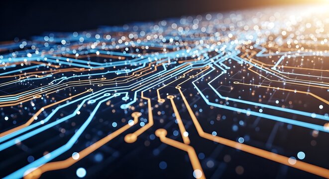 Abstract circuit board with glowing lines representing data flow and digital connections. - Powered by Adobe