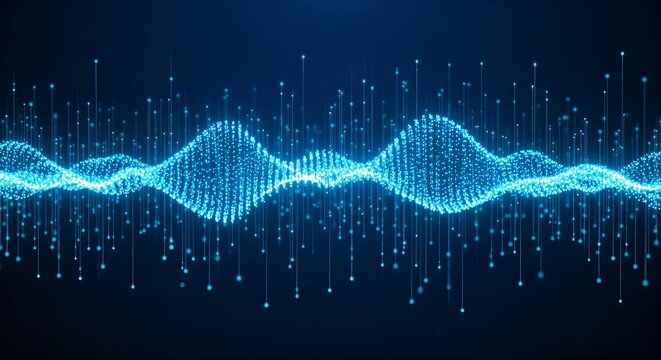 Abstract Blue Digital Waveform with Flowing Particles.