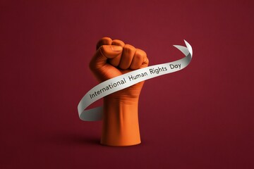 Orange fist with a ribbon symbolizing International Human Rights Day a concept for justice and equality