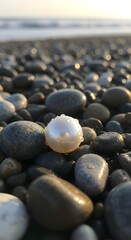 A close-up view of smooth black stones on a beach with a single white pearl resting among them, illuminated by soft natural sunlight during sunset