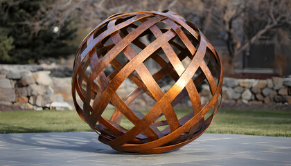 Copper-colored geometric metal ball made from interlocking curved strips forming a spherical lattice sculpture