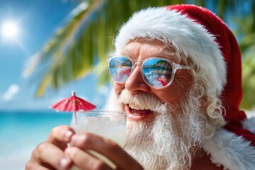 Obraz premium Santa enjoys a tropical drink on a beach under the sun in a festive vacation setting