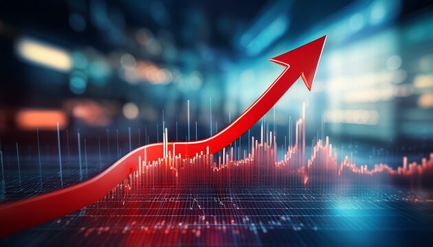red arrow pointing upwards on a blurred stock market graph indicating financial growth and success