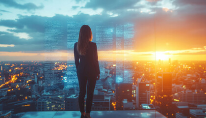 Businesswoman silhouette cityscape sunset urban skyline contemplating future success rooftop view skyline