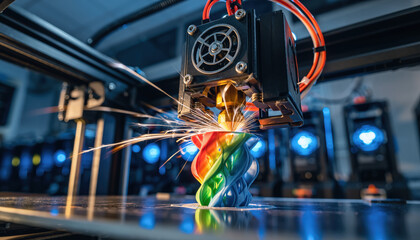Industrial robotic arm performing 3D printing with colorful filament in automated manufacturing facility